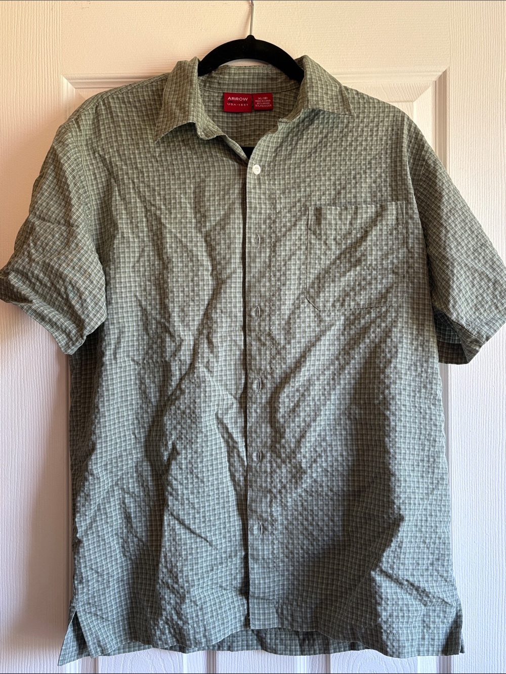 Arrow Short-Sleeve Green Plaid Button-Down Shirt